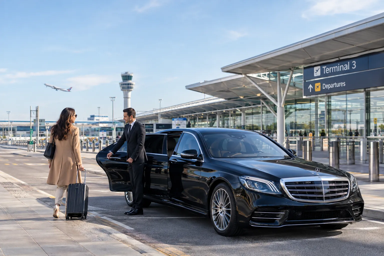 Mercedes S-Class executive chauffeur service at Heathrow Airport with chauffeur assisting passenger