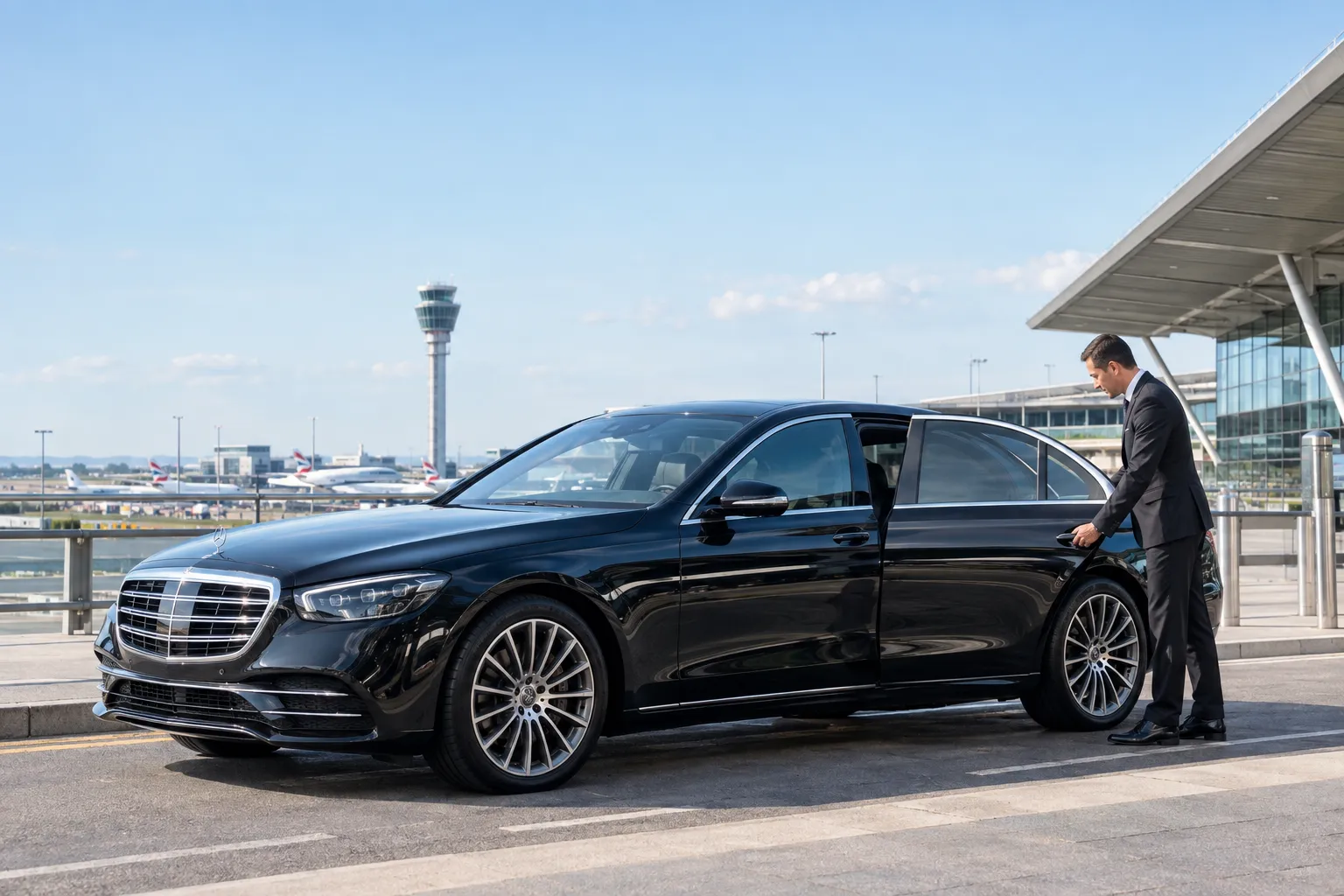 Mercedes S-Class executive chauffeur car outside Heathrow Airport