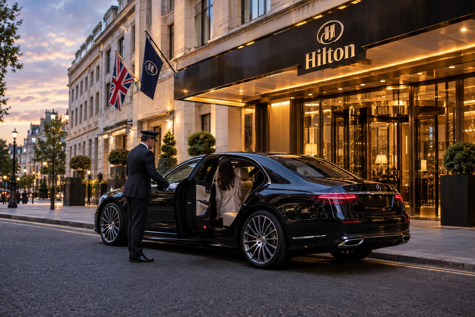 Mercedes S-Class chauffeur vehicle outside Hilton London Park Lane