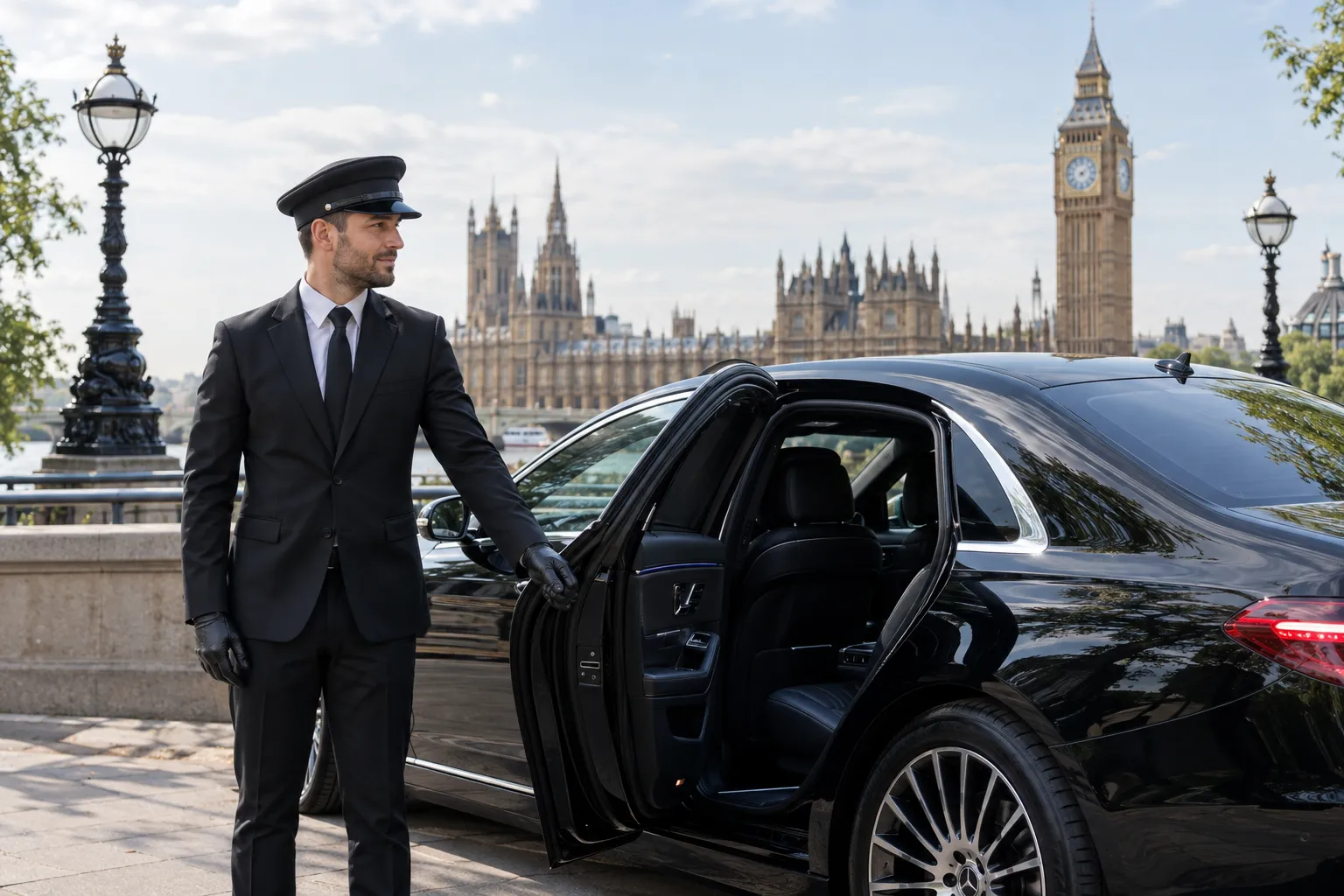 Professional chauffeur opening luxury car door in London