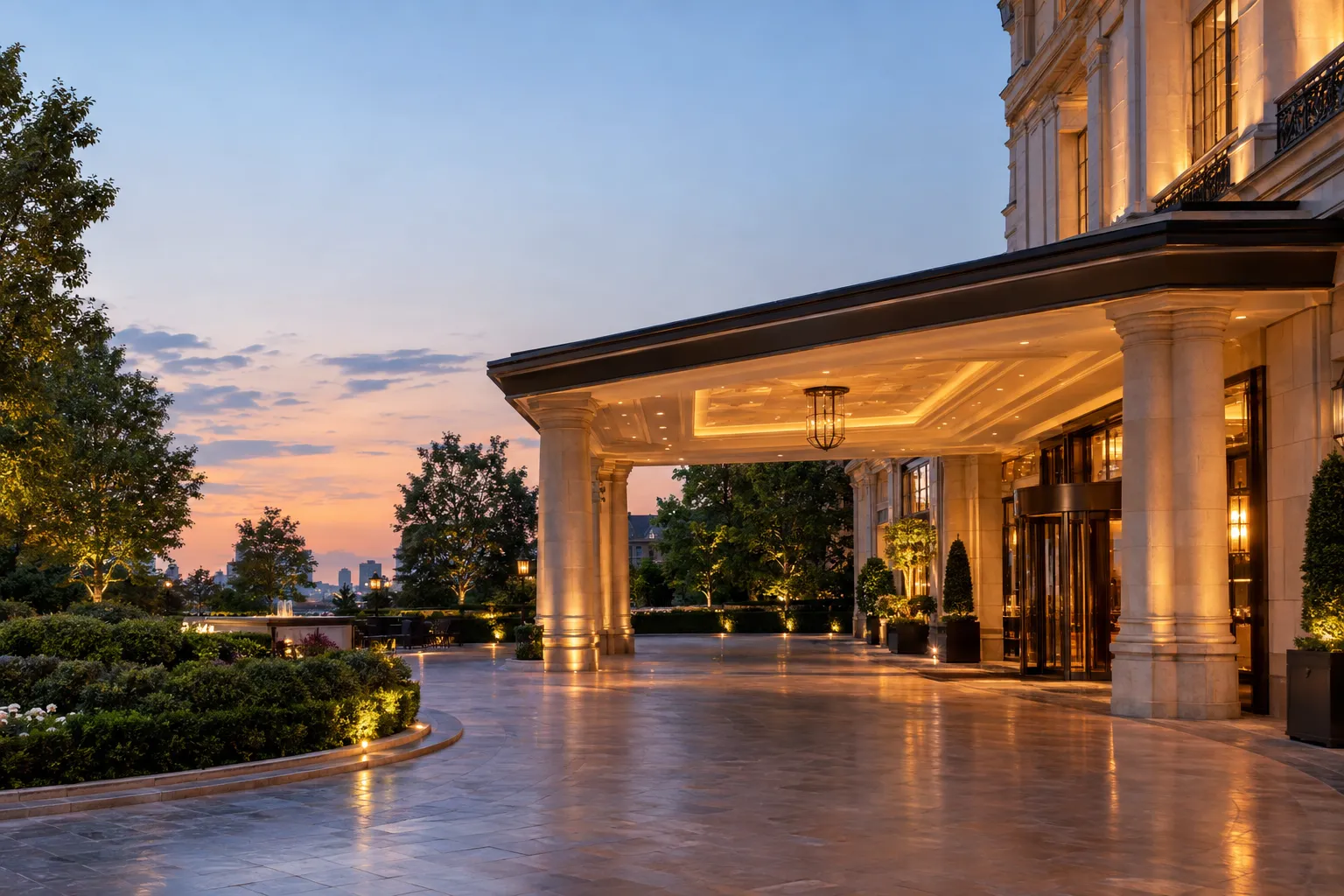 Grand entrance of a luxury hotel with porte-cochère and luxury car at dusk