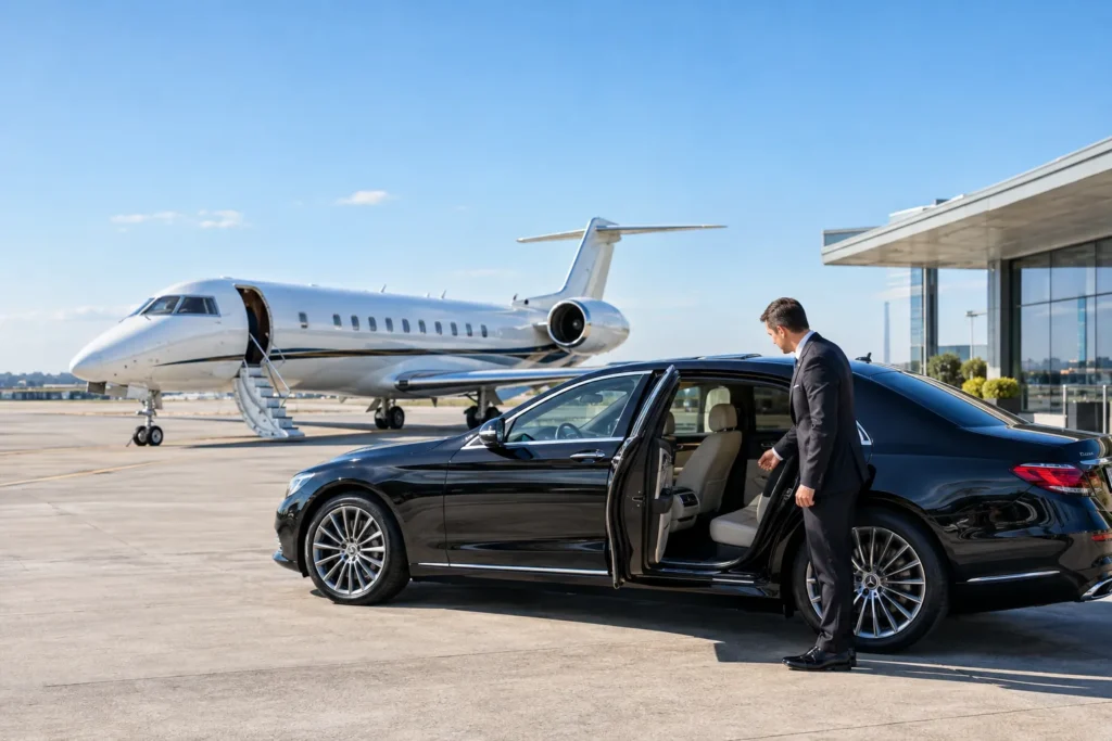 Mercedes S-Class luxury vehicle at private jet terminal with chauffeur opening door