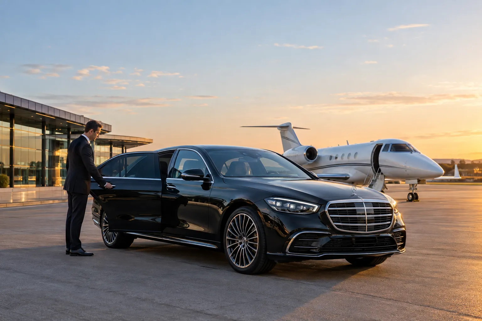 Mercedes S-Class executive saloon parked outside London private jet terminal with chauffeur