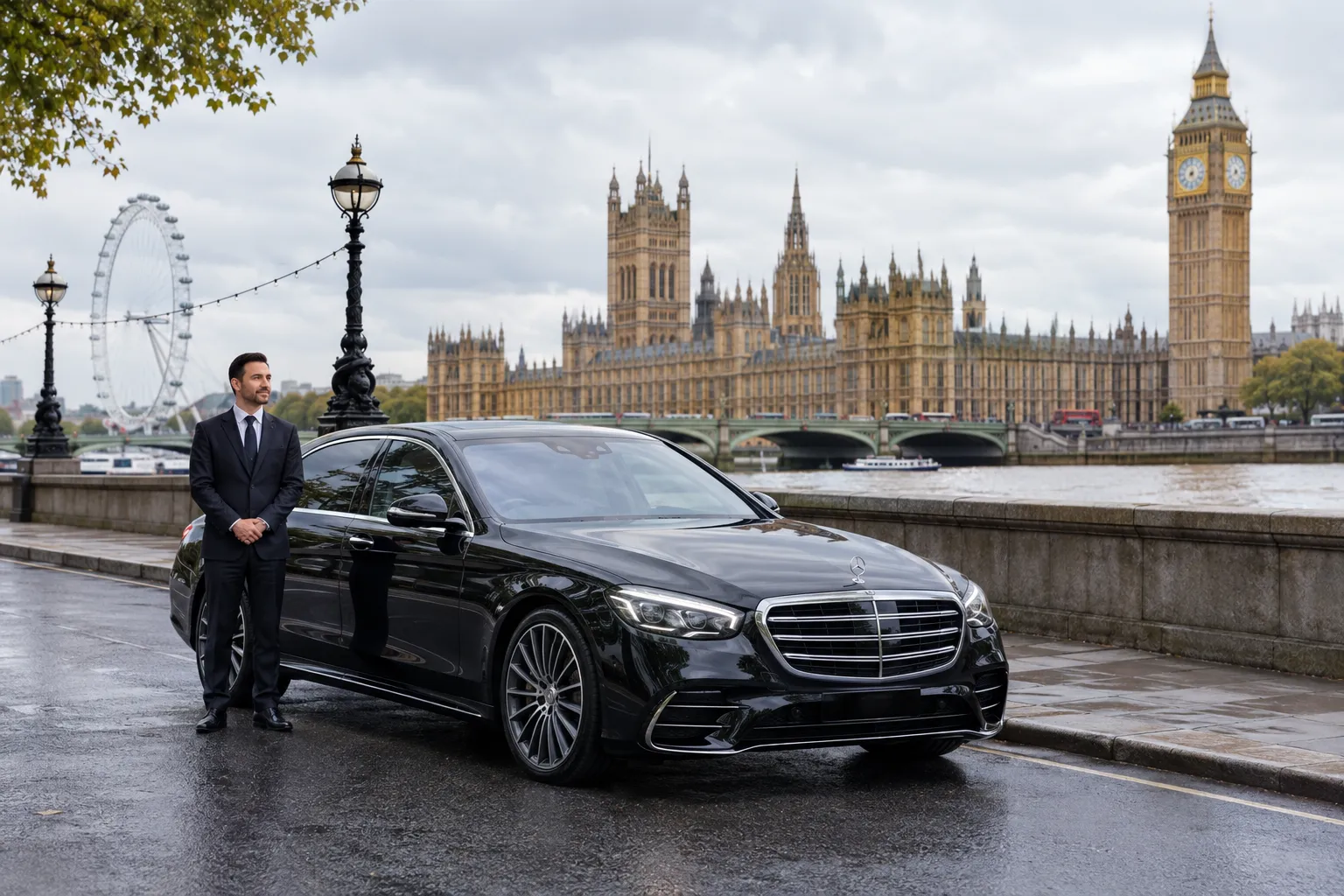 Mercedes S-Class executive chauffeur vehicle in London with professional chauffeur