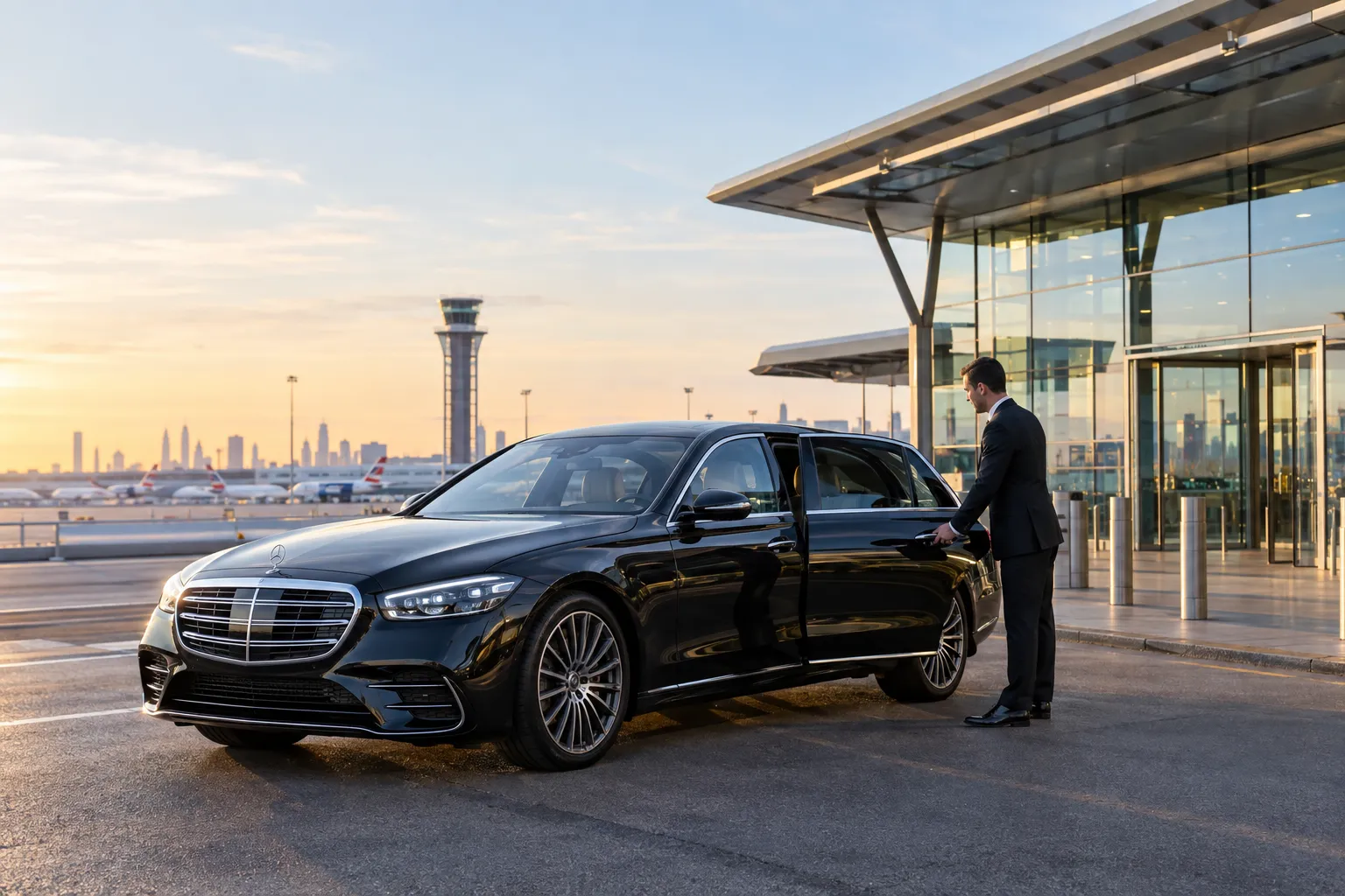 Mercedes S-Class chauffeur car outside London City Airport terminal