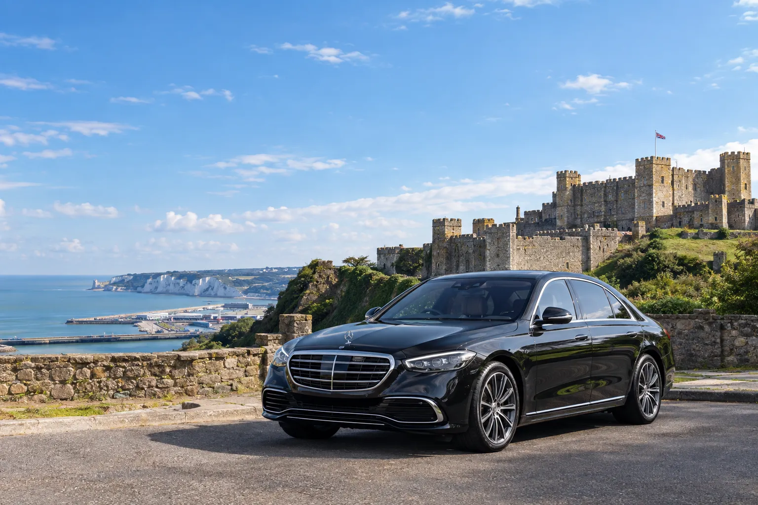 2027 Mercedes S-Class executive chauffeur vehicle outside Dover Castle