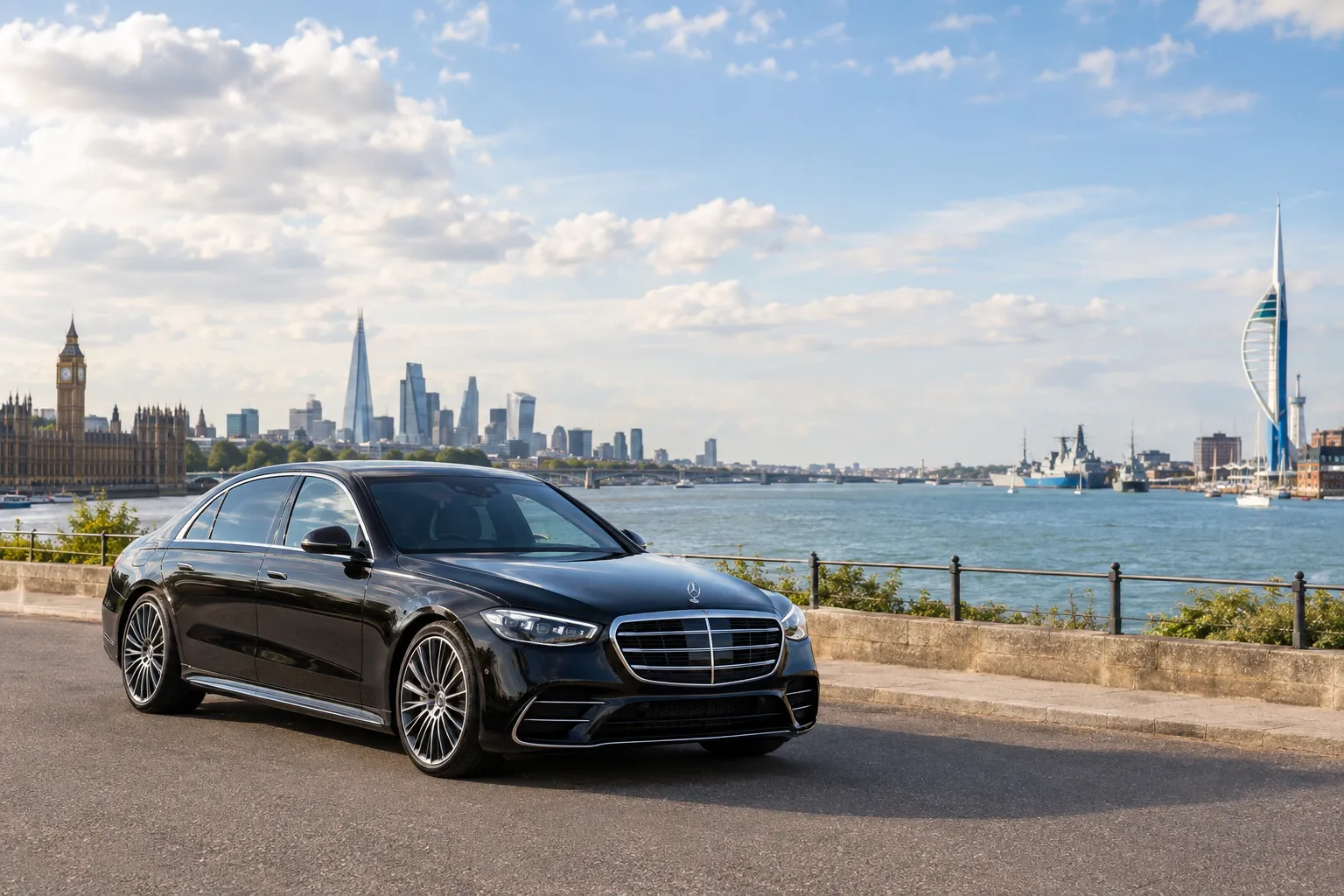 Mercedes S-Class executive chauffeur car representing London to Portsmouth transfer