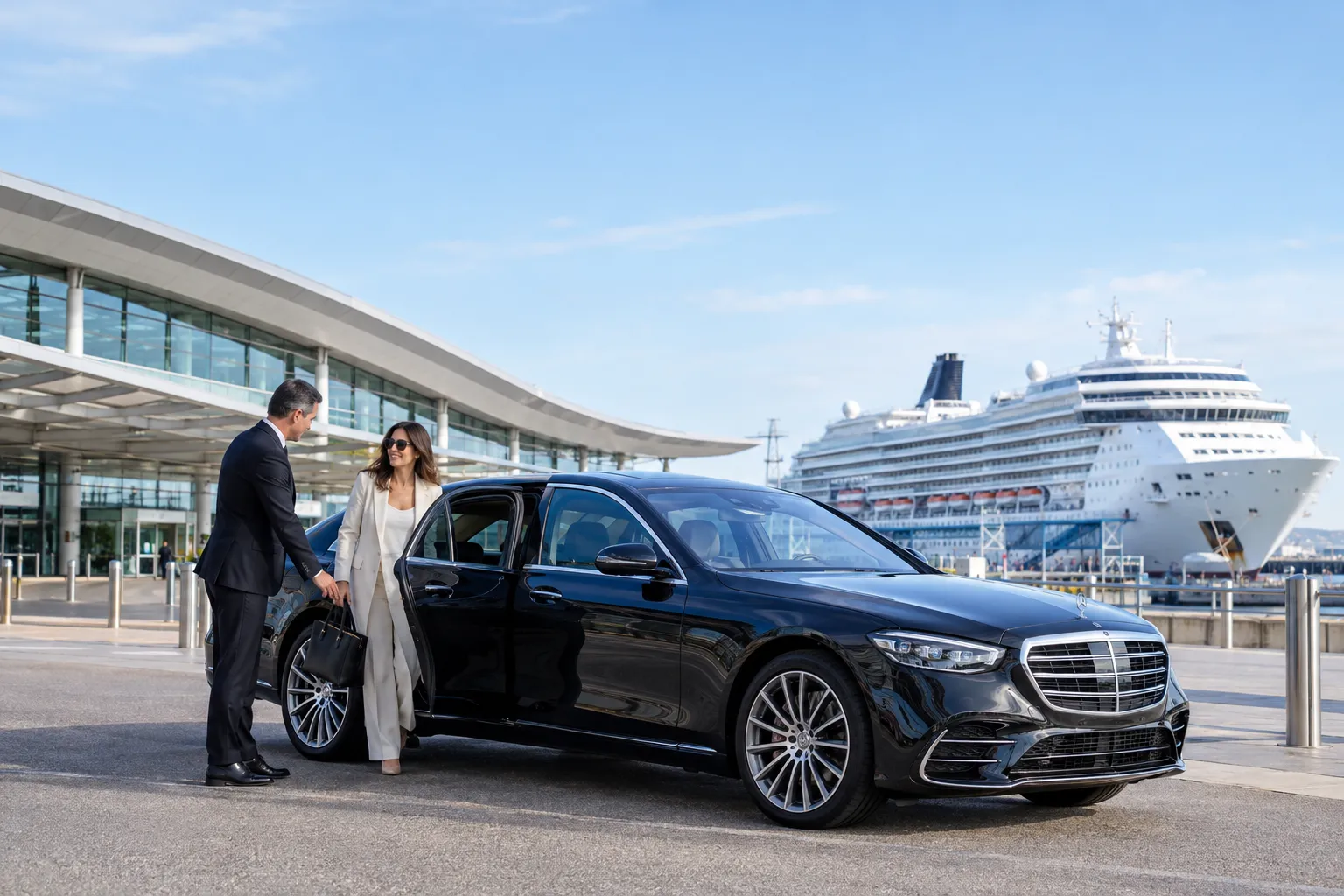 2027 Mercedes S-Class executive chauffeur service vehicle at Southampton Cruise Terminal with chauffeur welcoming passenger