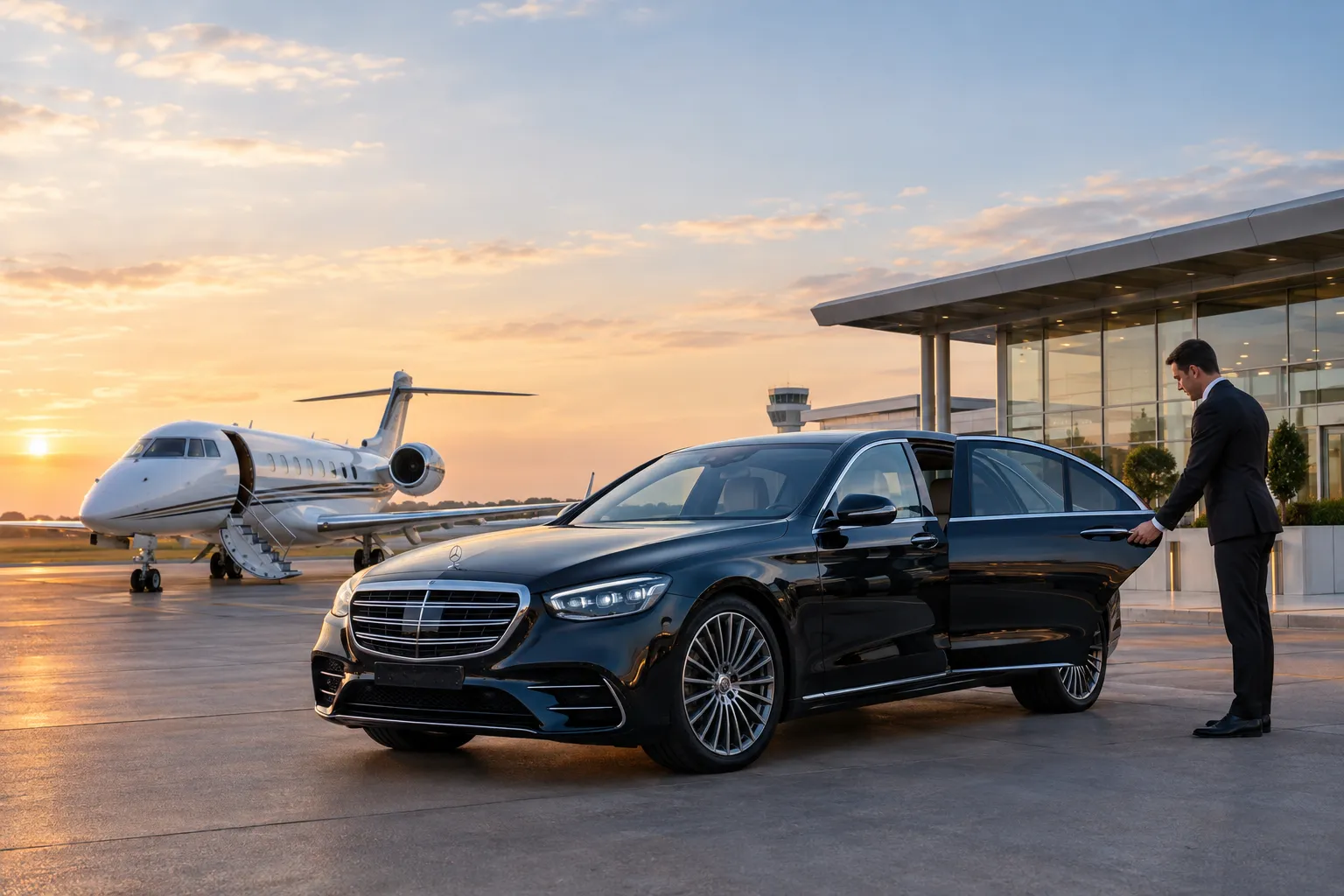 Mercedes S-Class luxury chauffeur vehicle at Luton Signature Flight Support terminal with professional chauffeur