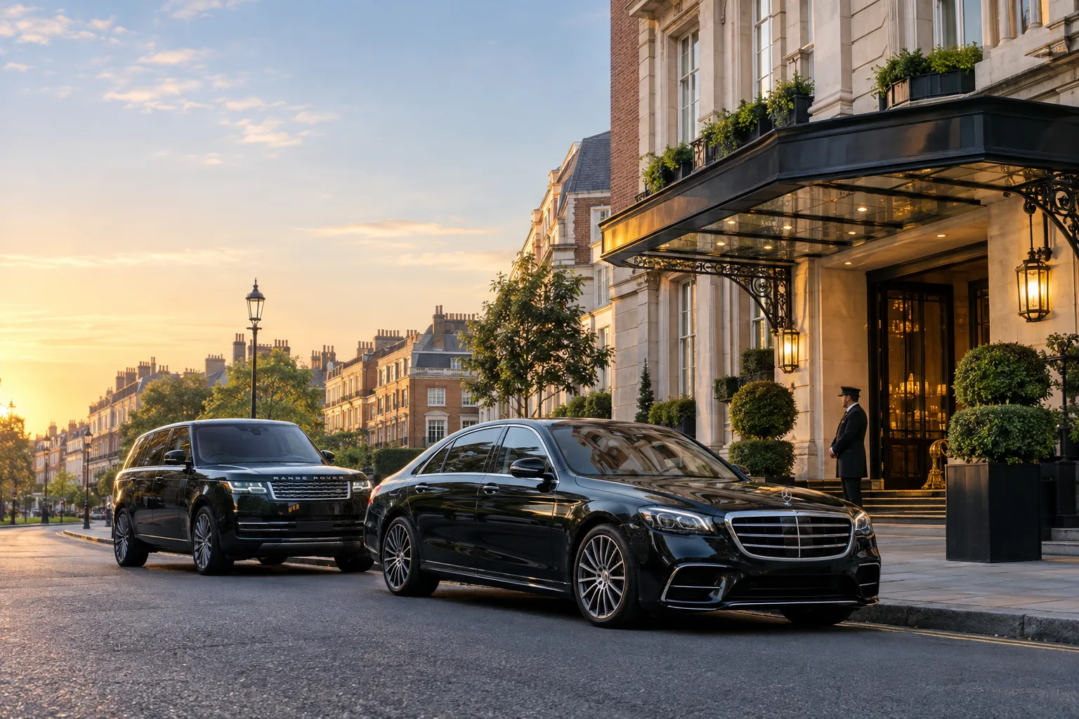Luxury Mercedes S-Class and Range Rover vehicles parked outside a Mayfair hotel, ready for executive chauffeur service