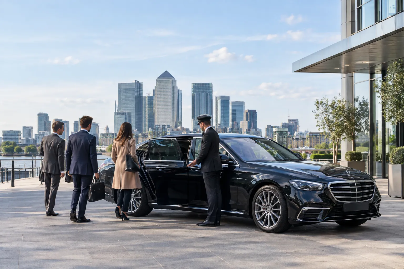 Mercedes E-Class chauffeur driven executive car outside a London office building