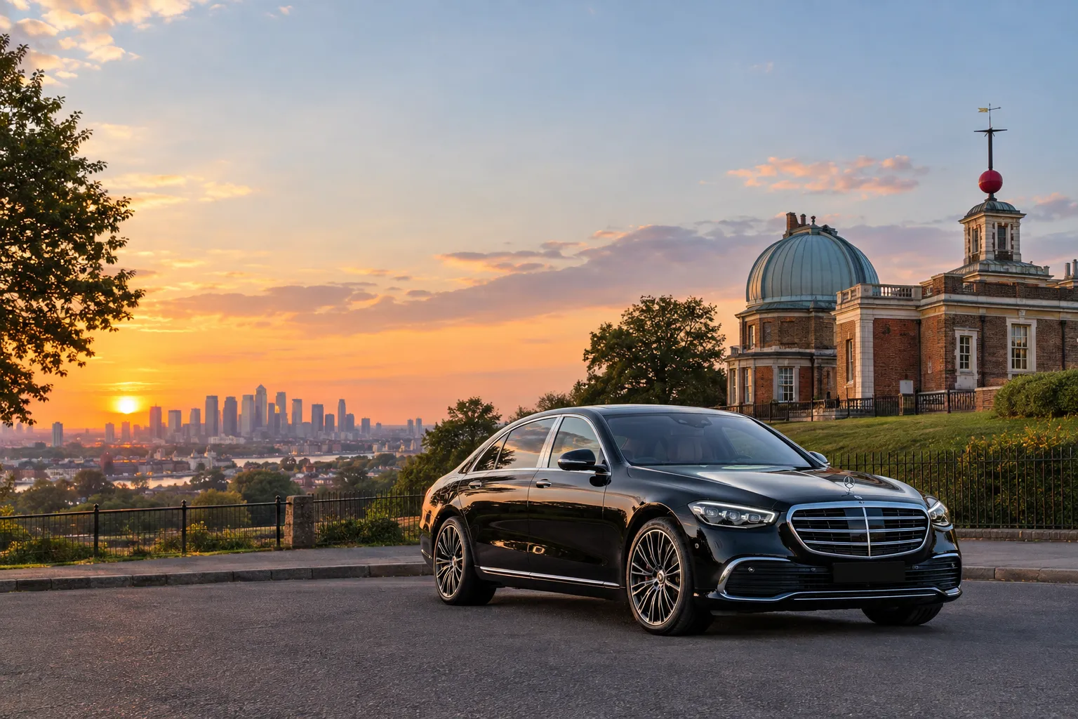 Black Mercedes S-Class chauffeur car outside Greenwich Royal Observatory, South East London