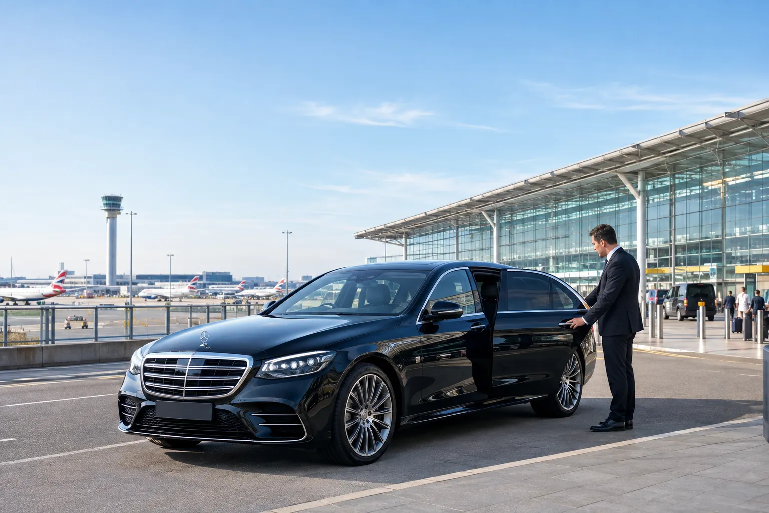 Mercedes S-Class luxury saloon outside Heathrow Airport Terminal 5 with professional chauffeur