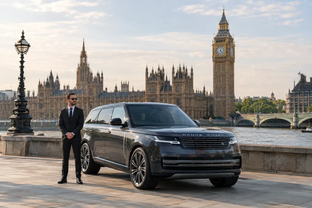 Modern chauffeur-driven Mercedes S-Class at a London landmark