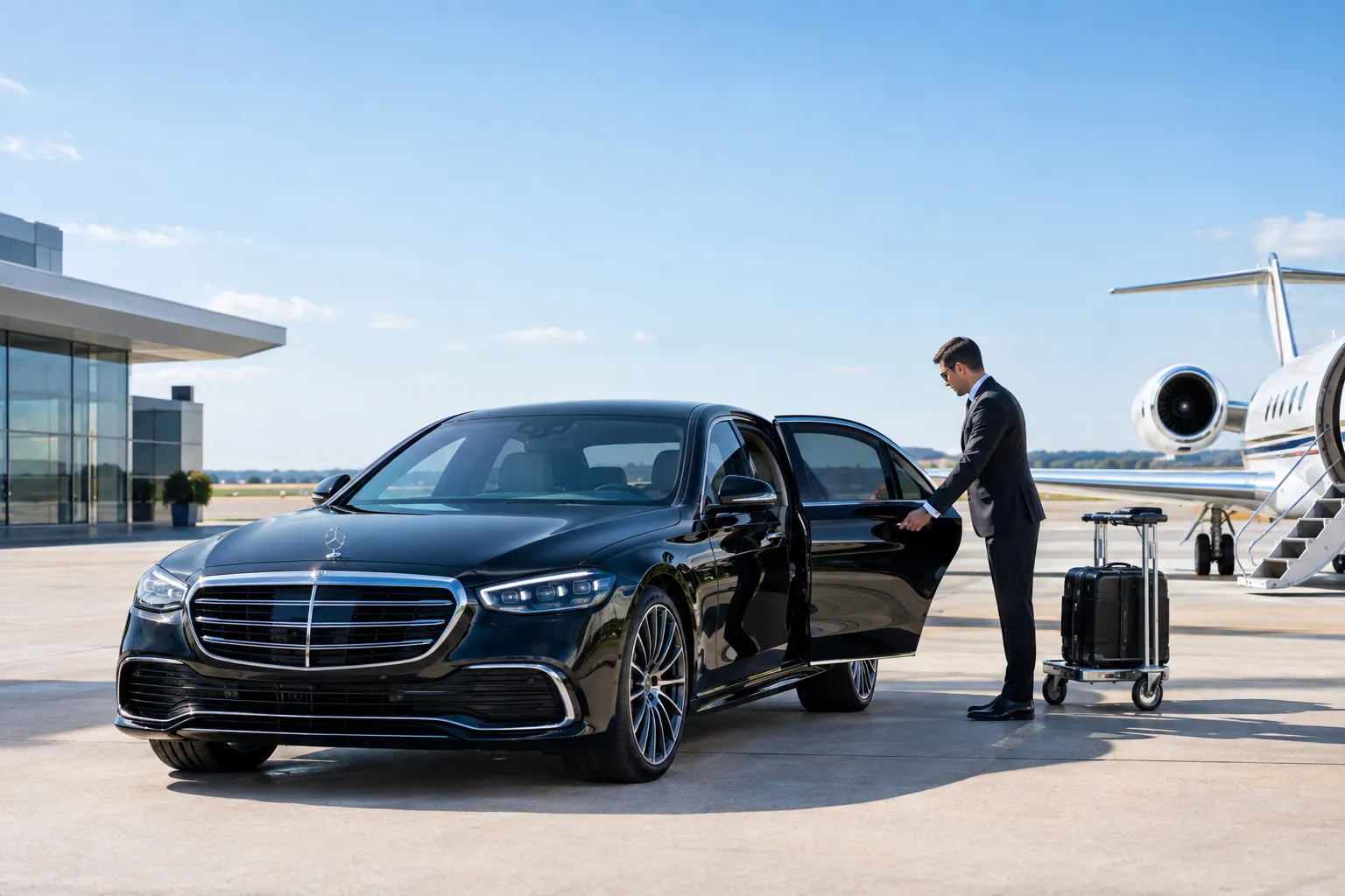 Mercedes S-Class executive car at private jet terminal with chauffeur