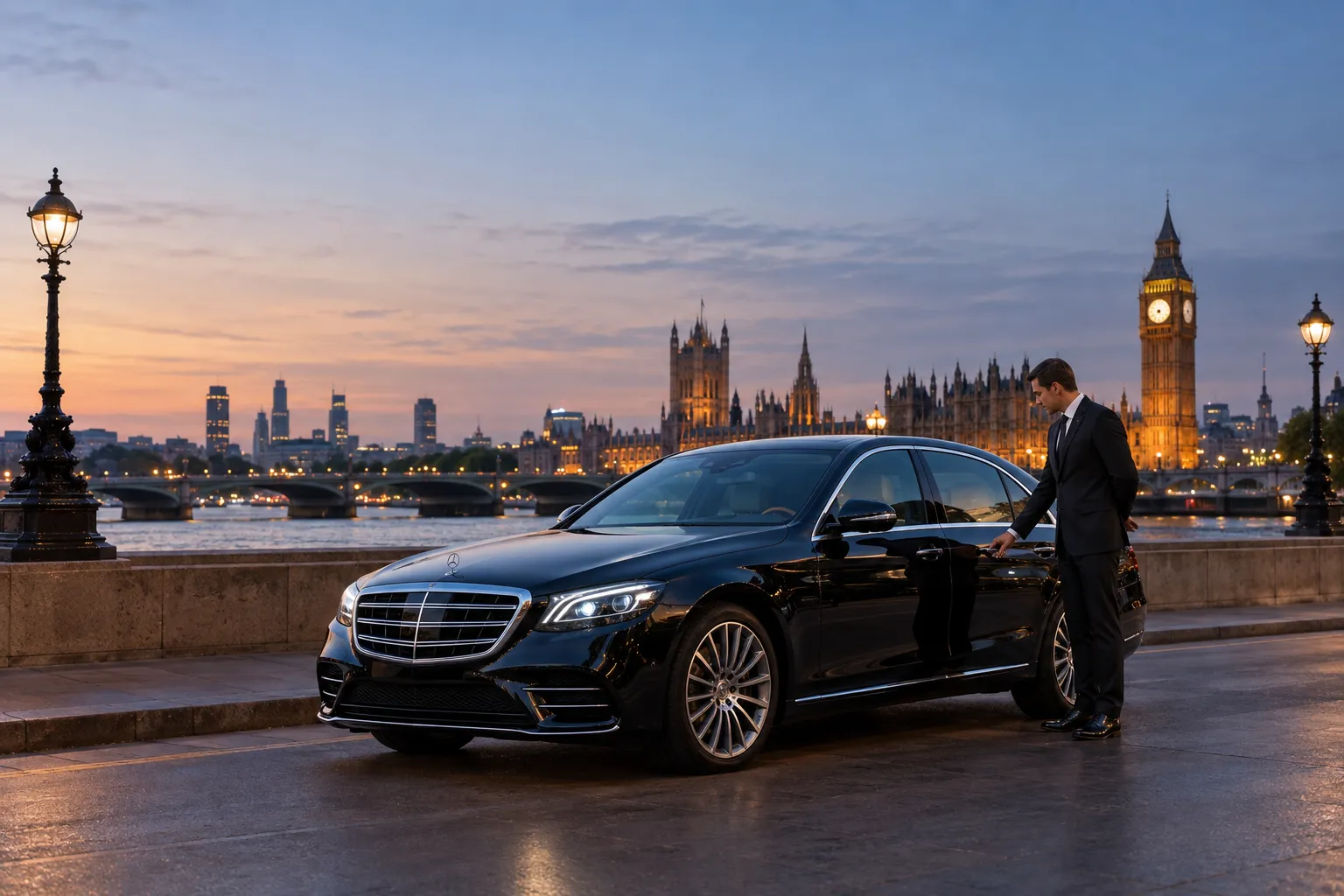 Mercedes S-Class luxury saloon with professional chauffeur outside London landmark at dusk