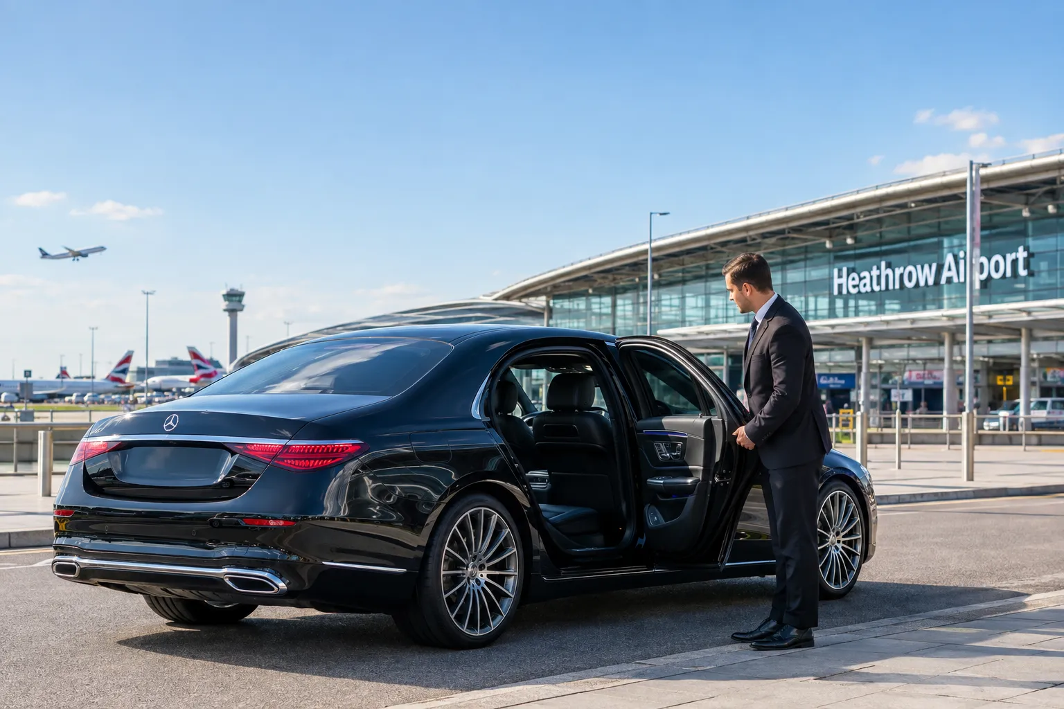 Mercedes S-Class executive car at Heathrow Airport with chauffeur opening door
