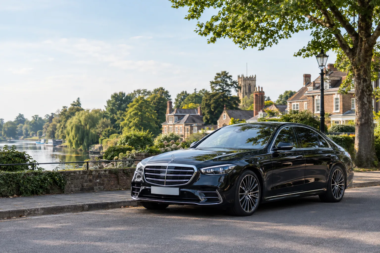 Mercedes S-Class executive chauffeur vehicle parked in a street in Weybridge