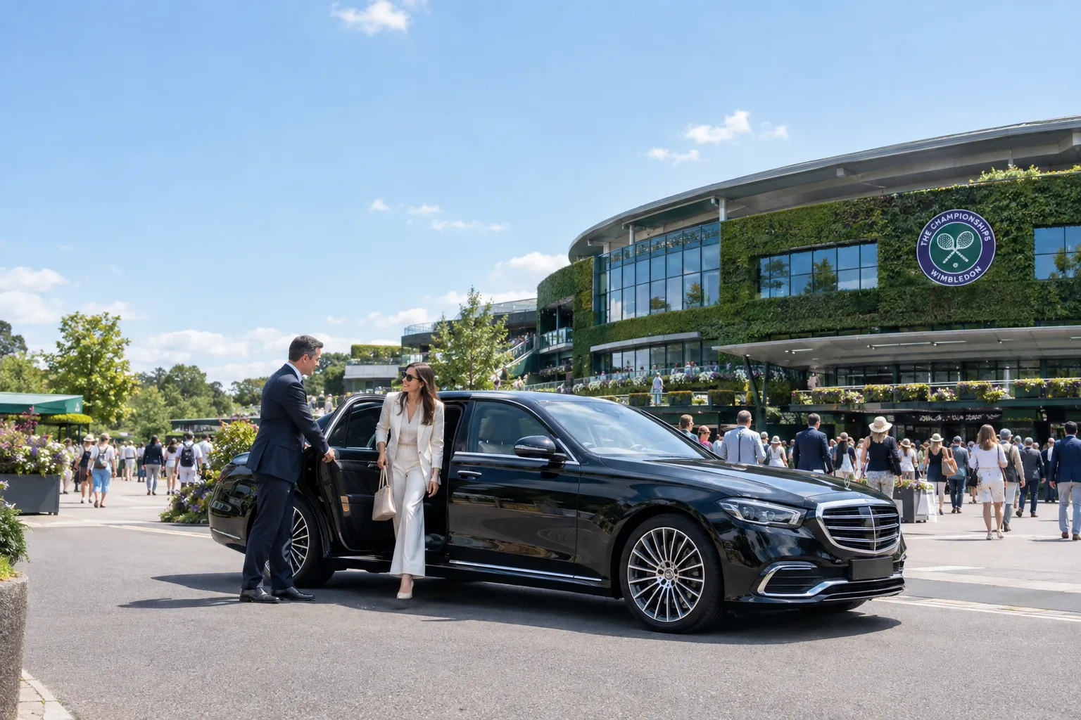 Mercedes S-Class chauffeur vehicle outside Wimbledon tennis stadium with chauffeur assisting passenger