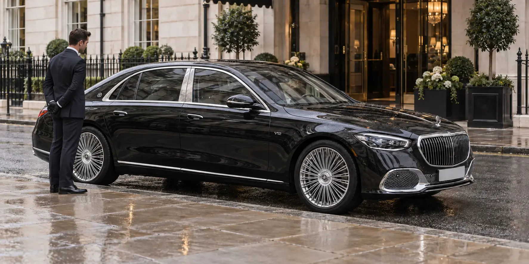 Professional Mayfair chauffeur with the latest black 2026 Mercedes S Class in London