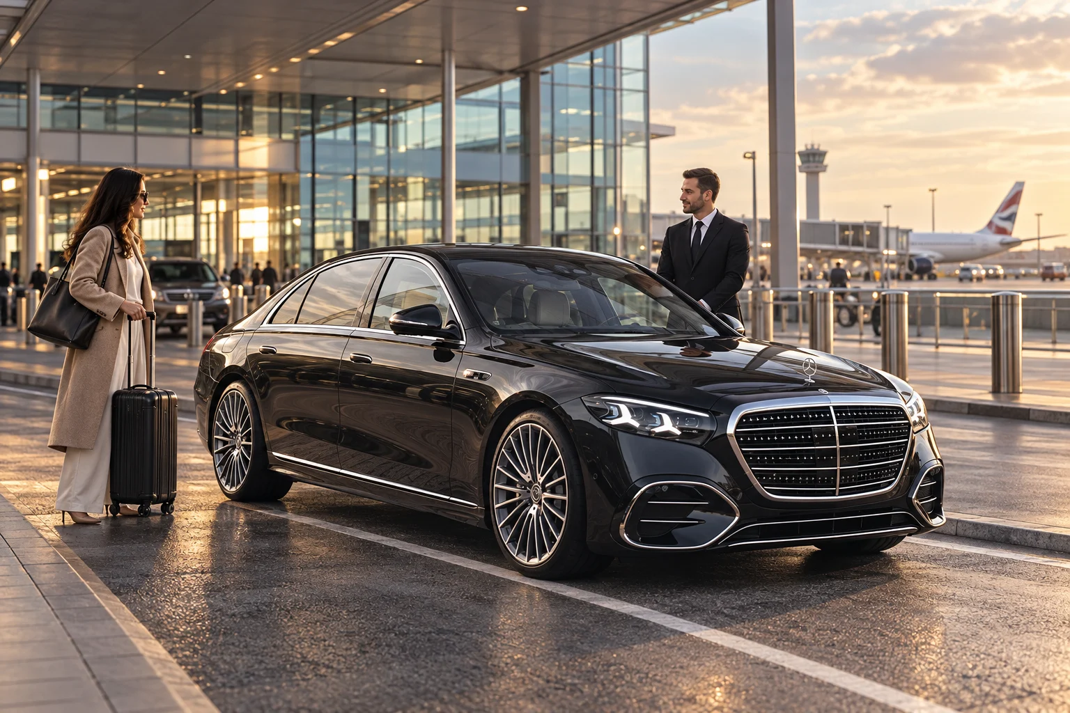 Black Mercedes-Benz S-Class with a chauffeur and passenger outside an airport terminal