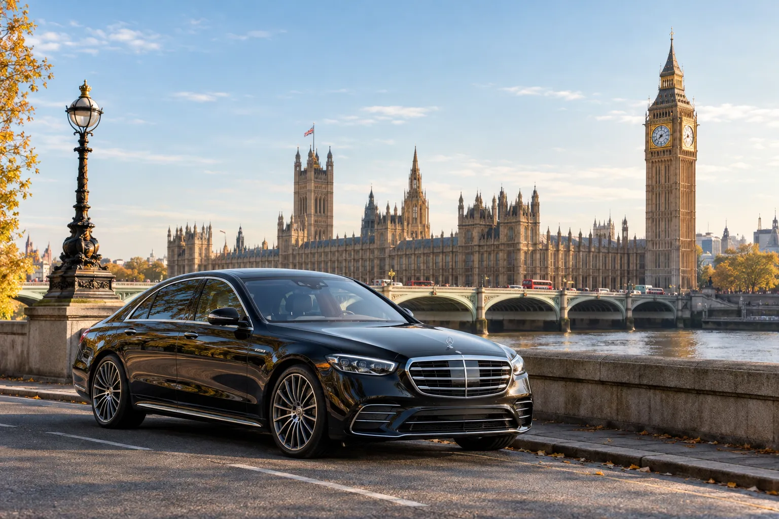Mercedes S-Class parked near Houses of Parliament, Westminster with Thames in background