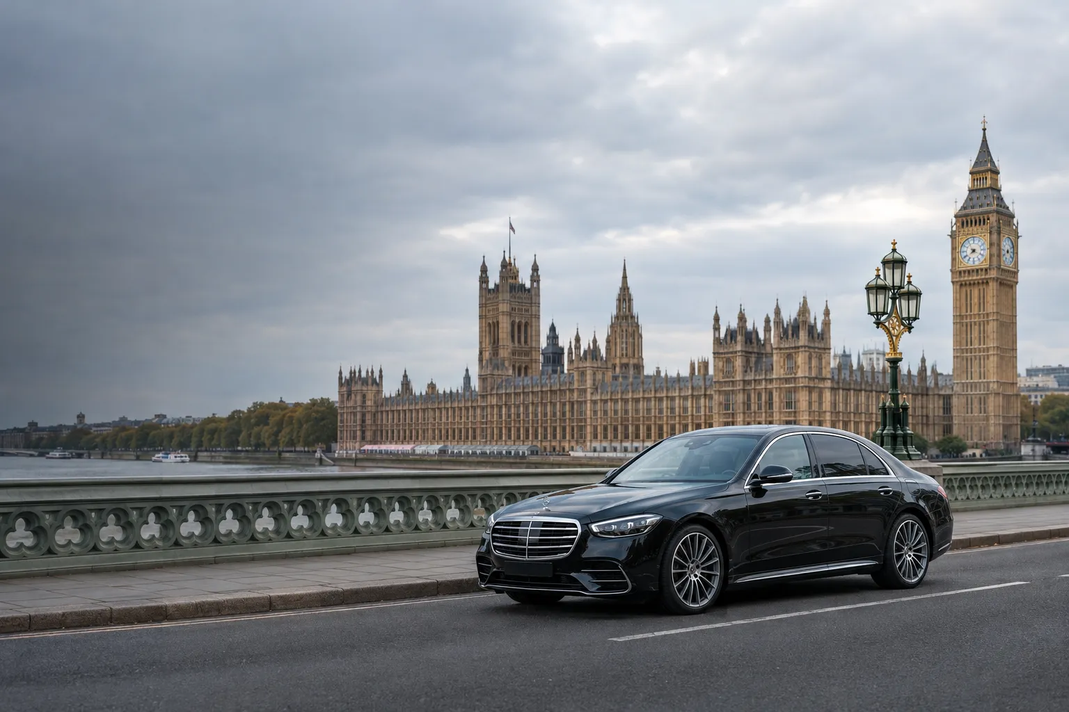 Mercedes-Benz S-Class near Westminster with the Elizabeth Tower and Palace of Westminster in the background
