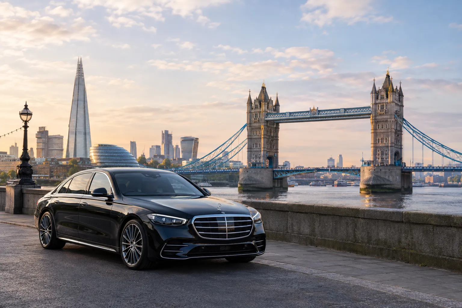 Mercedes S-Class luxury chauffeur car by Tower Bridge, Royal London