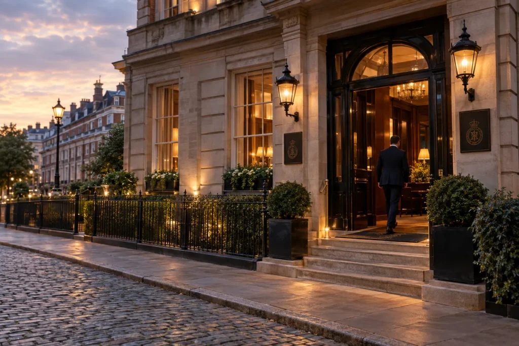 Historic London private members club building exterior at dusk