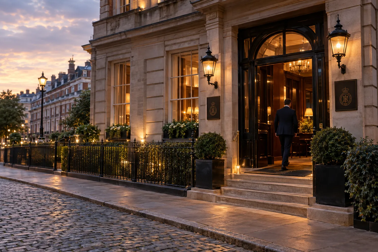 Historic London private members club building exterior at dusk