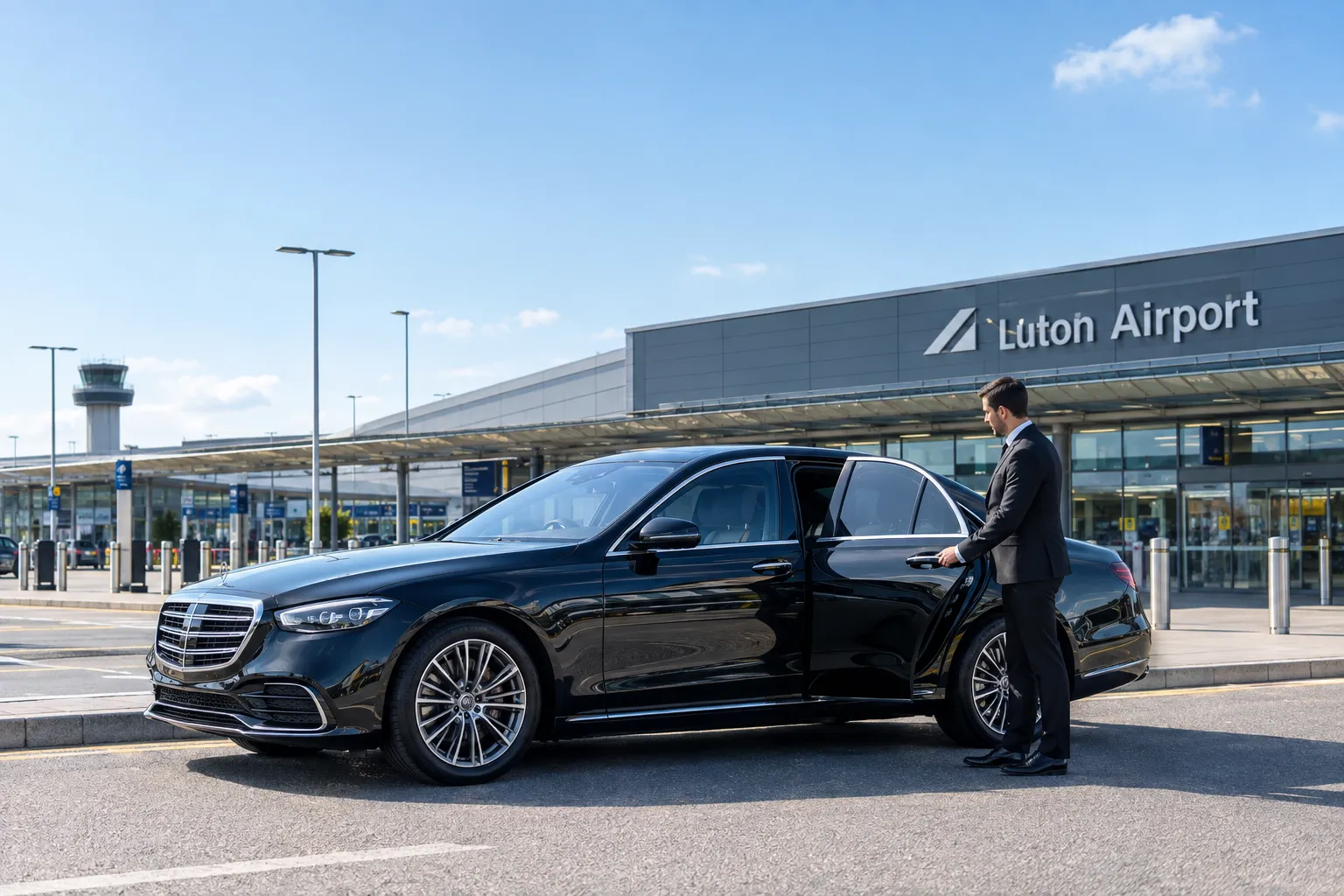 Black Mercedes S-Class with professional chauffeur at Luton Airport terminal