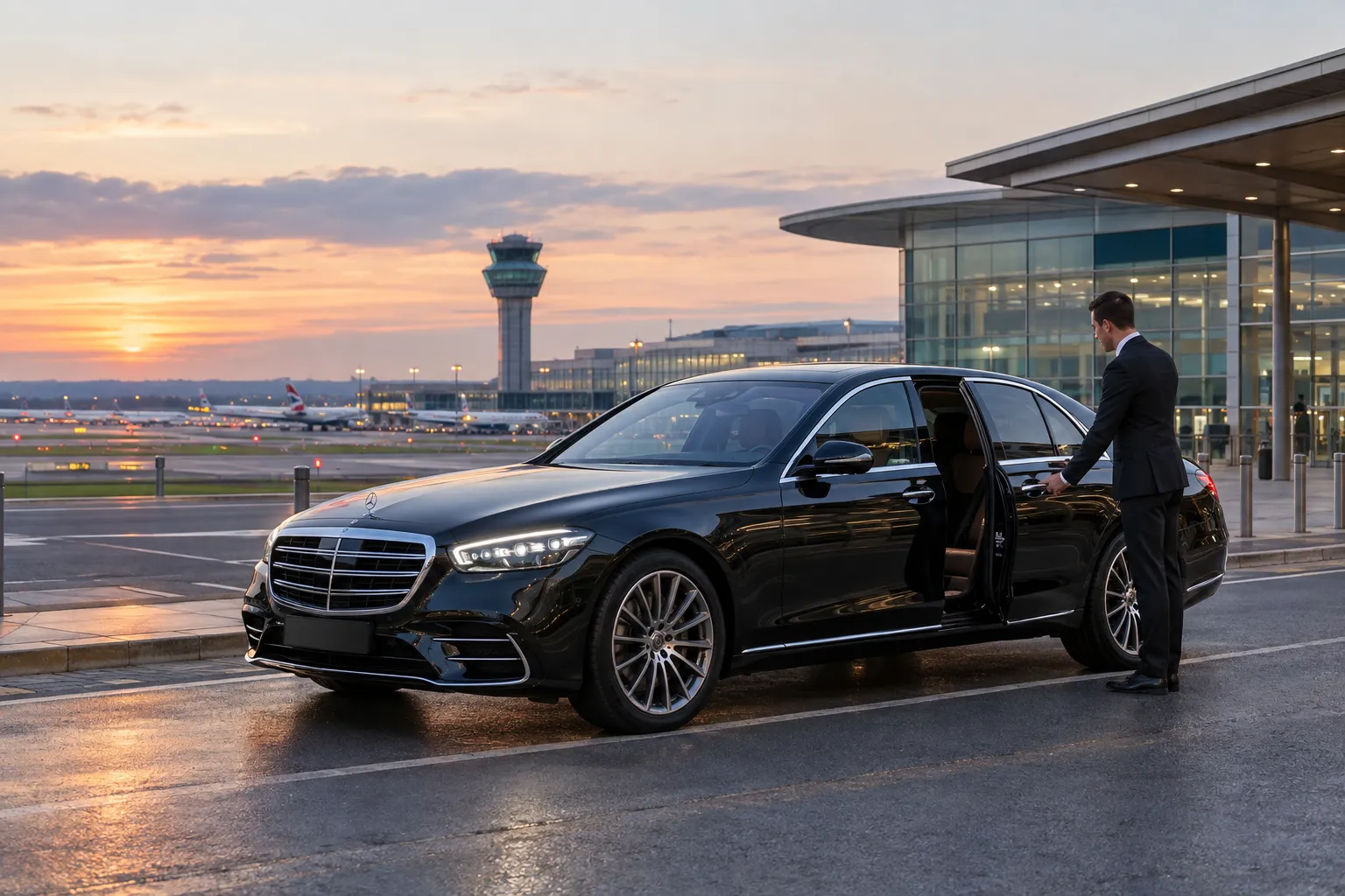 Mercedes S-Class luxury saloon at Bristol Airport with chauffeur opening door