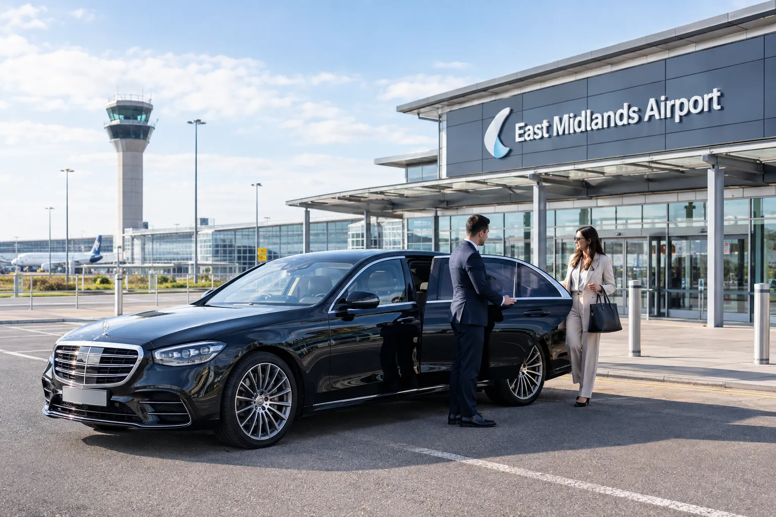 Mercedes S-Class chauffeur service at East Midlands Airport terminal.