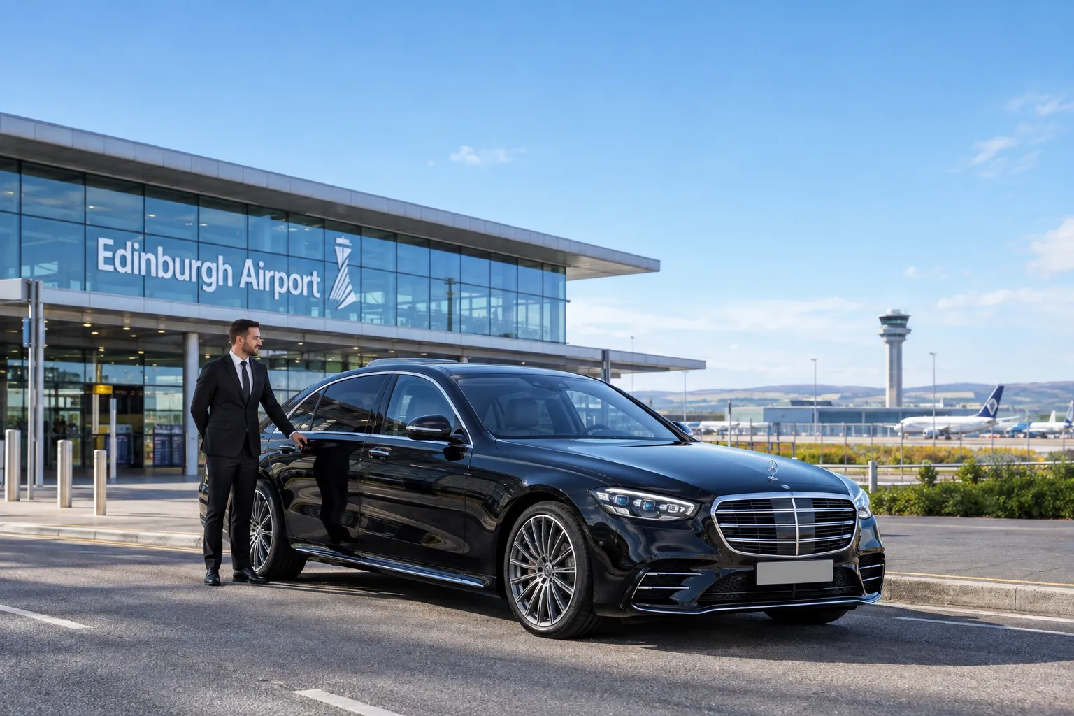 Mercedes S-Class chauffeur car at Edinburgh Airport terminal with professional driver