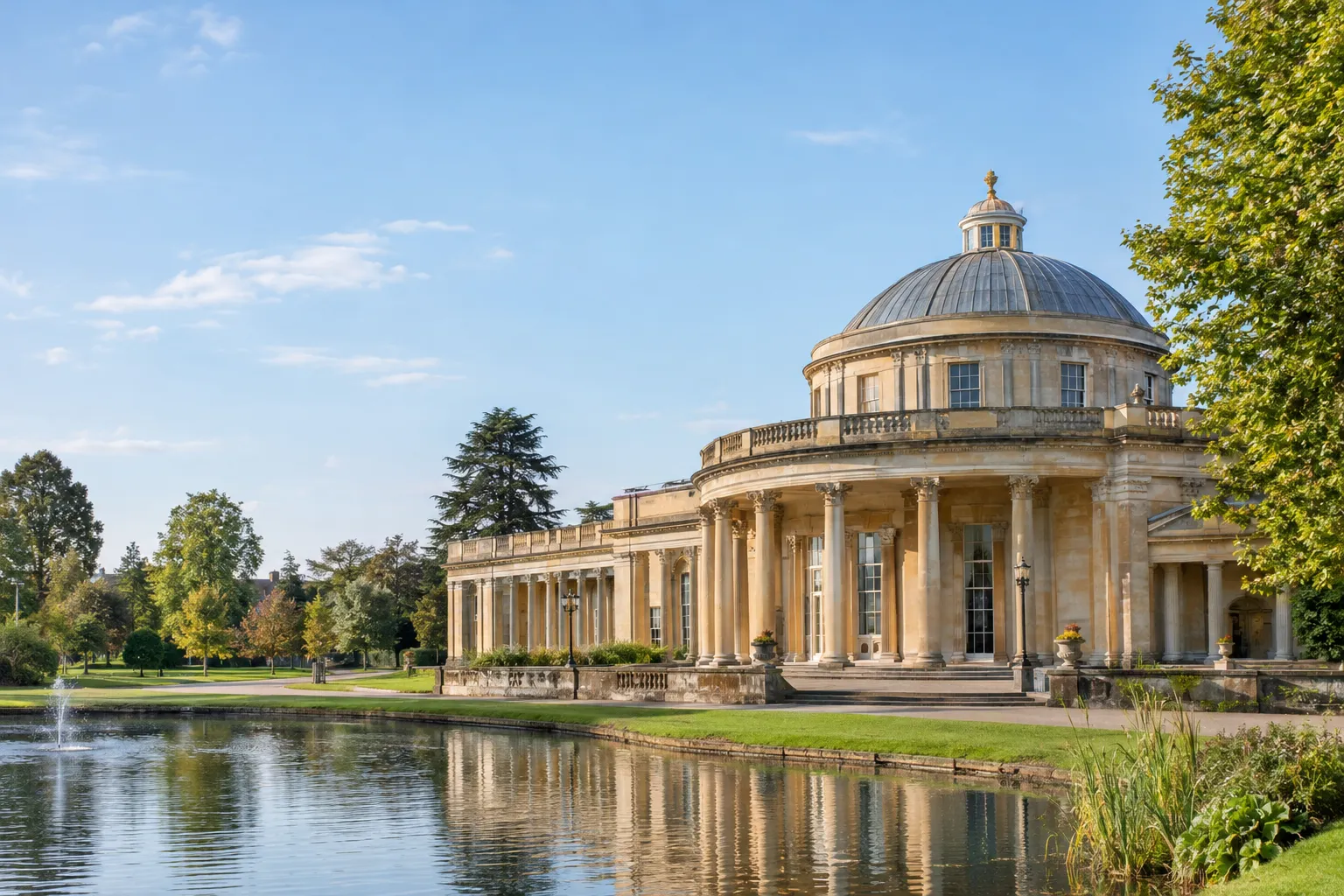 Pittville Pump Room, a Regency landmark in Cheltenham, seen against its parkland setting.