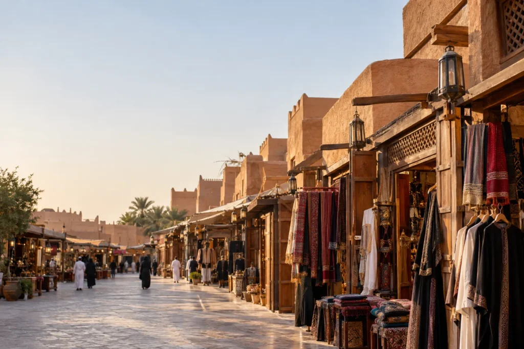 Historic market lane at Souq Al-Zal in Riyadh, a setting associated with traditional goods and dress.