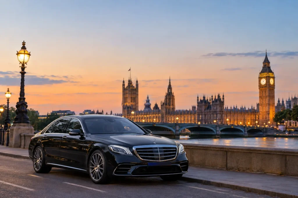 Mercedes-Benz S-Class luxury chauffeur vehicle on a London street at dusk