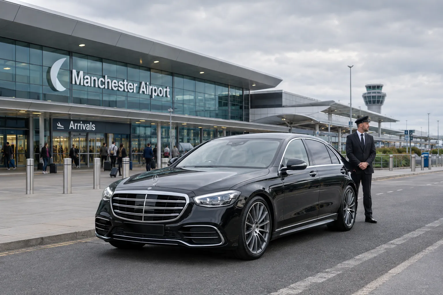 Mercedes S-Class parked at Manchester Airport arrivals with professional chauffeur