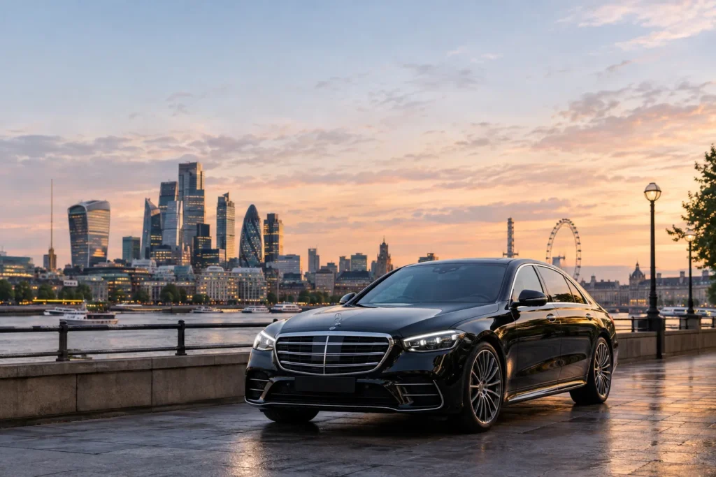 Mercedes-Benz S-Class 2026 model on urban street at dusk