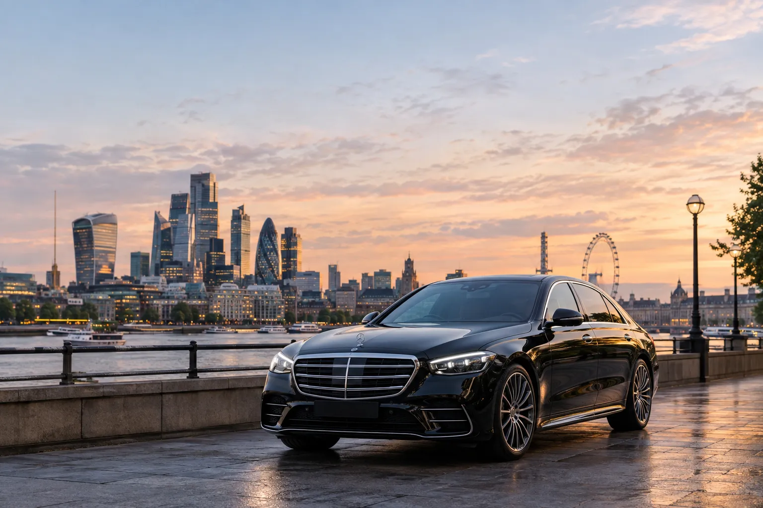 Mercedes-Benz S-Class 2026 model on urban street at dusk