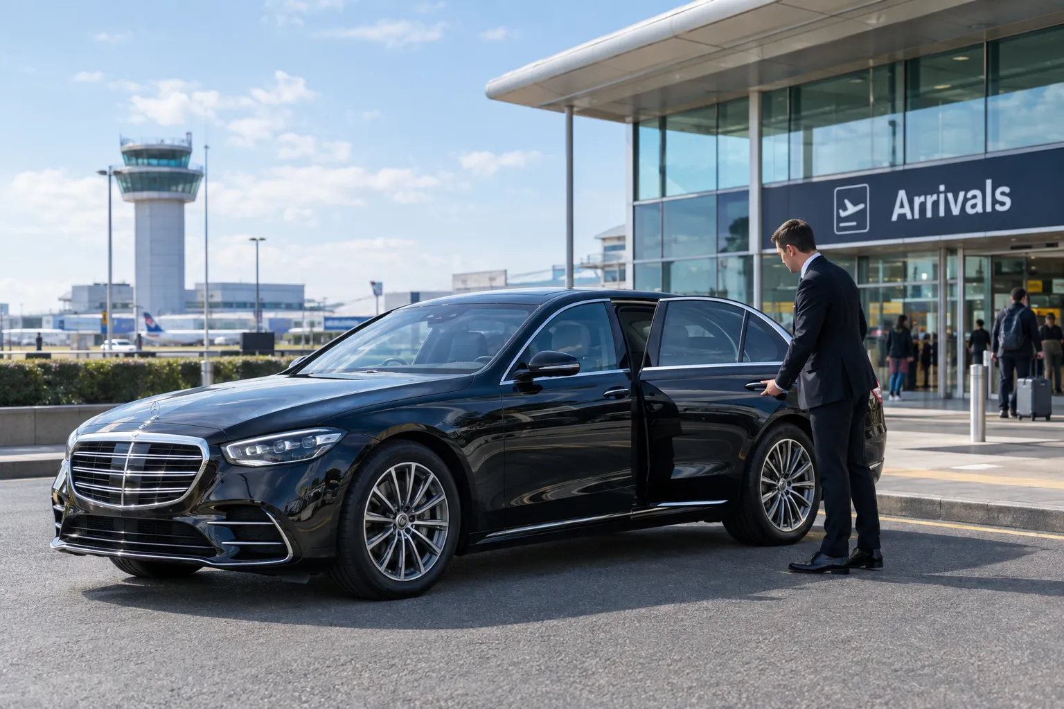 Mercedes S-Class executive chauffeur vehicle outside Newcastle Airport terminal