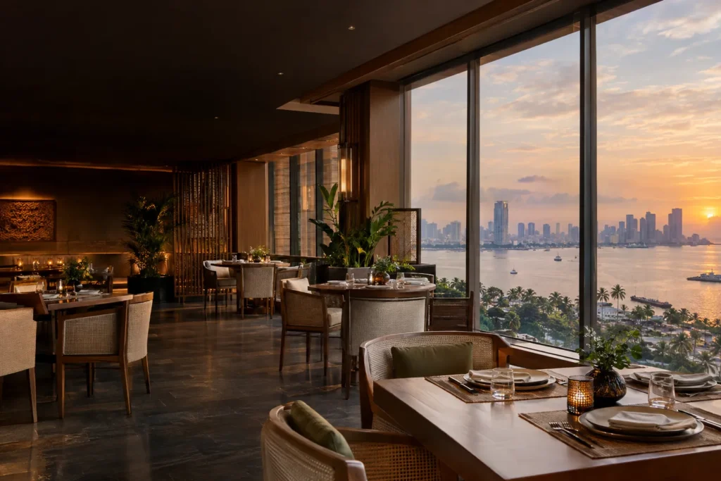 Warmly lit Manila dining room with an elegant table setting and a view across Manila Bay