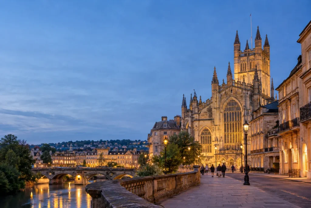 Bath Abbey and the historic city centre illuminated at dusk.