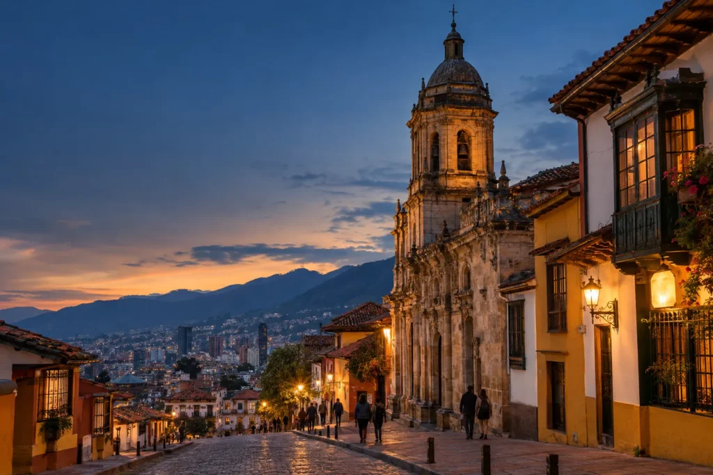 Historic La Candelaria streets in Bogotá at dusk, with warm lights and the Andes beyond.