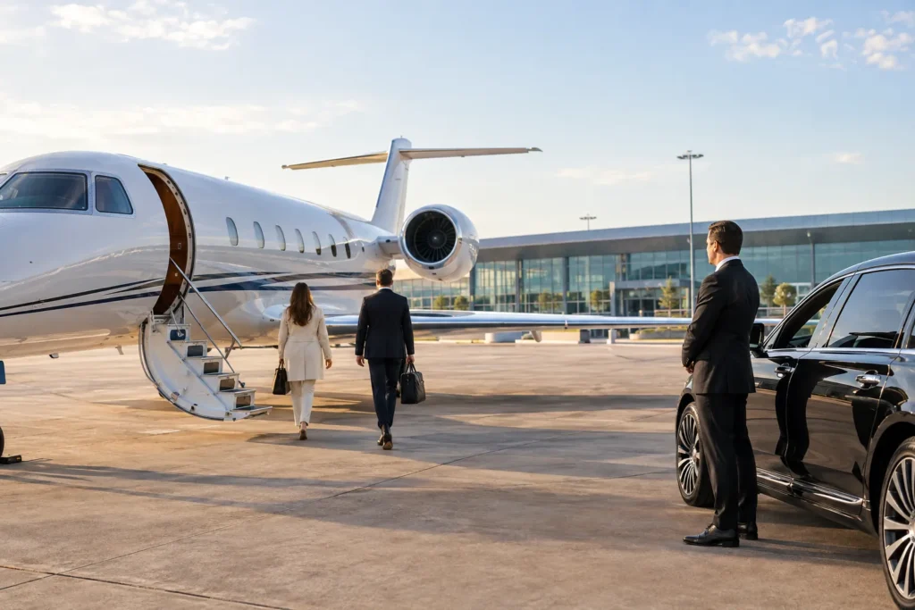 Private jet arrival at private terminal with chauffeur awaiting passengers