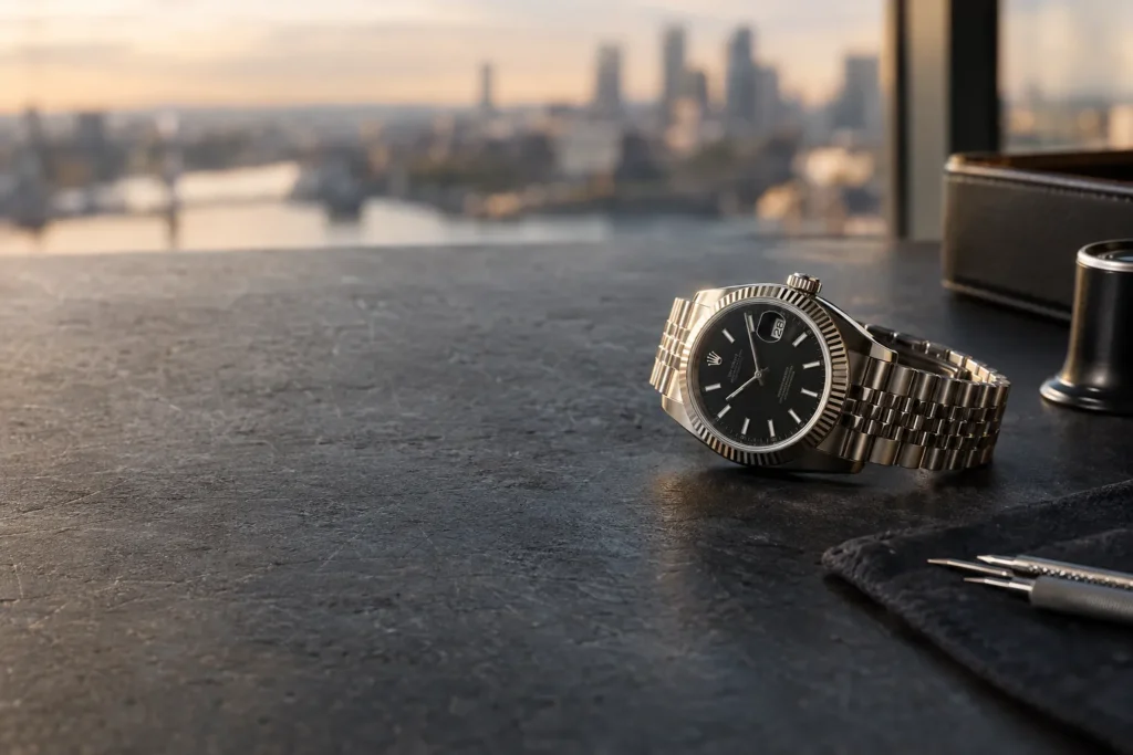 Rolex wristwatch photographed on a dark watchmaker’s work surface