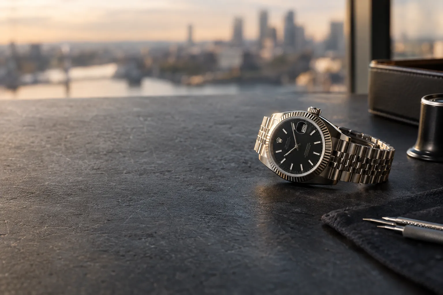 Rolex wristwatch photographed on a dark watchmaker’s work surface