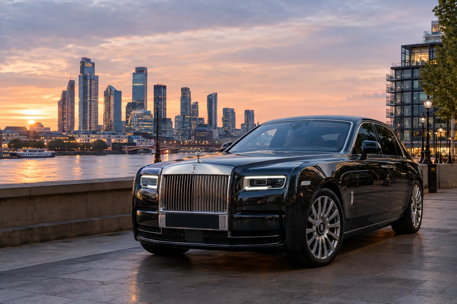2027 Rolls Royce Phantom parked in city street at dusk