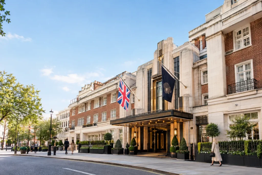 The Claridges Hotel grand exterior facade in Mayfair, London