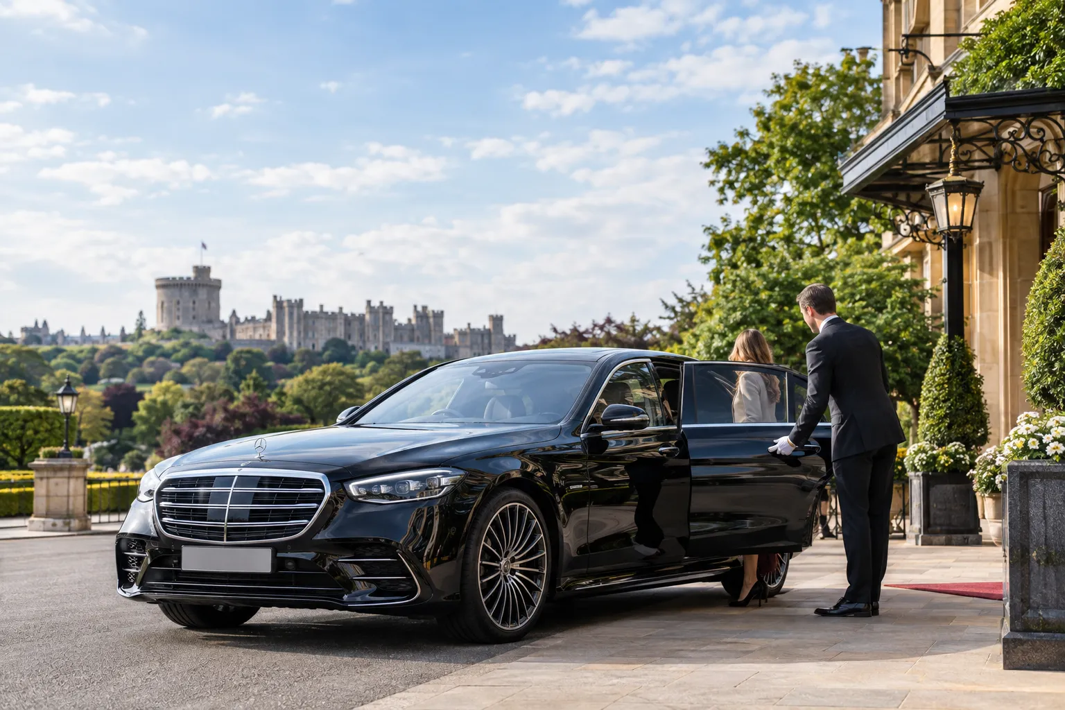 Mercedes S-Class chauffeur car at Windsor Suite entrance with Windsor Castle backdrop